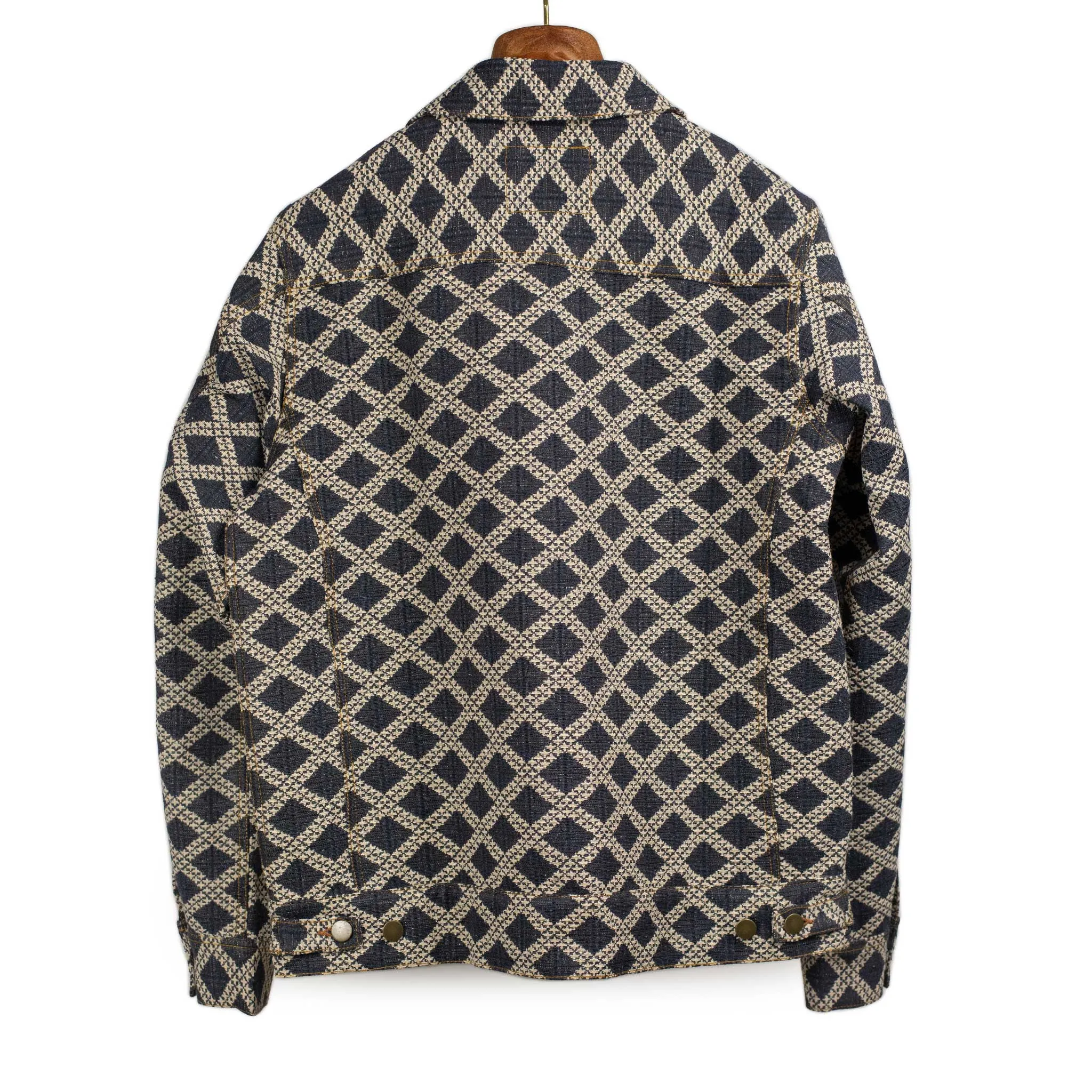 Marvin type two jacket in denim blue and ecru diamond jacquard