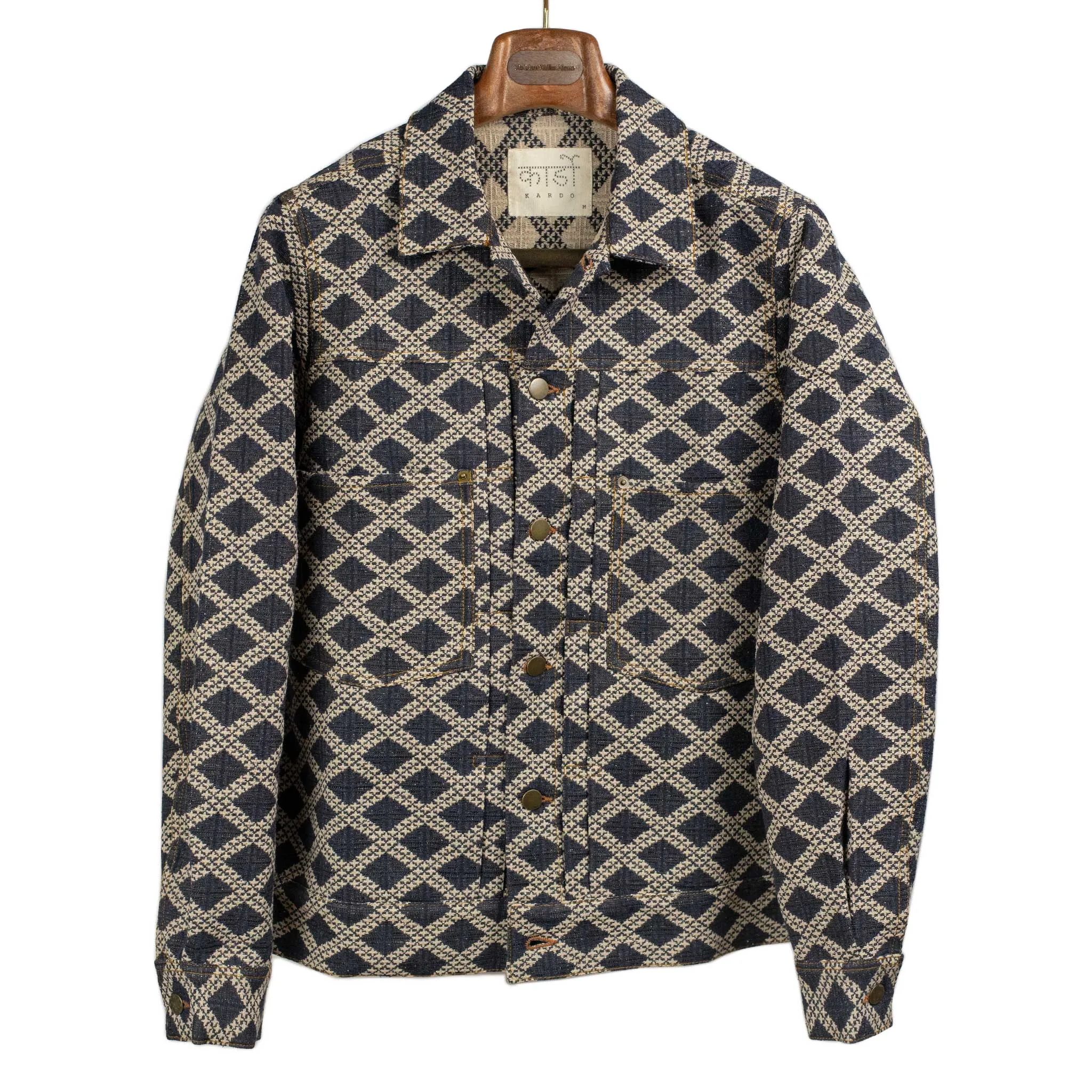 Marvin type two jacket in denim blue and ecru diamond jacquard