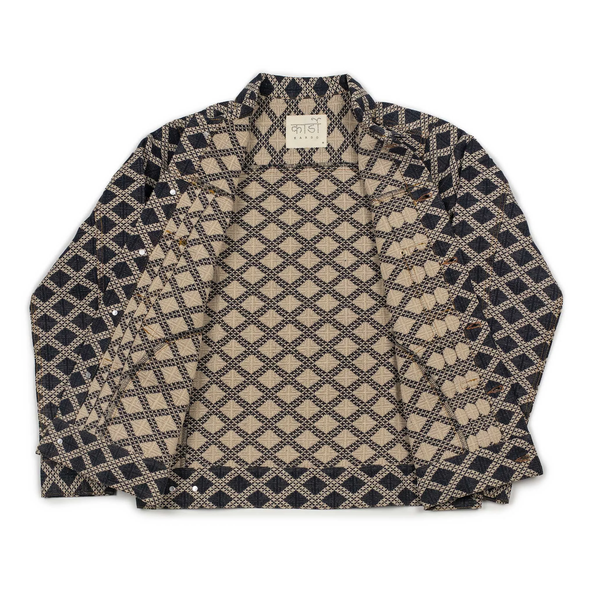 Marvin type two jacket in denim blue and ecru diamond jacquard