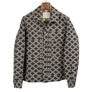 Marvin type two jacket in denim blue and ecru diamond jacquard