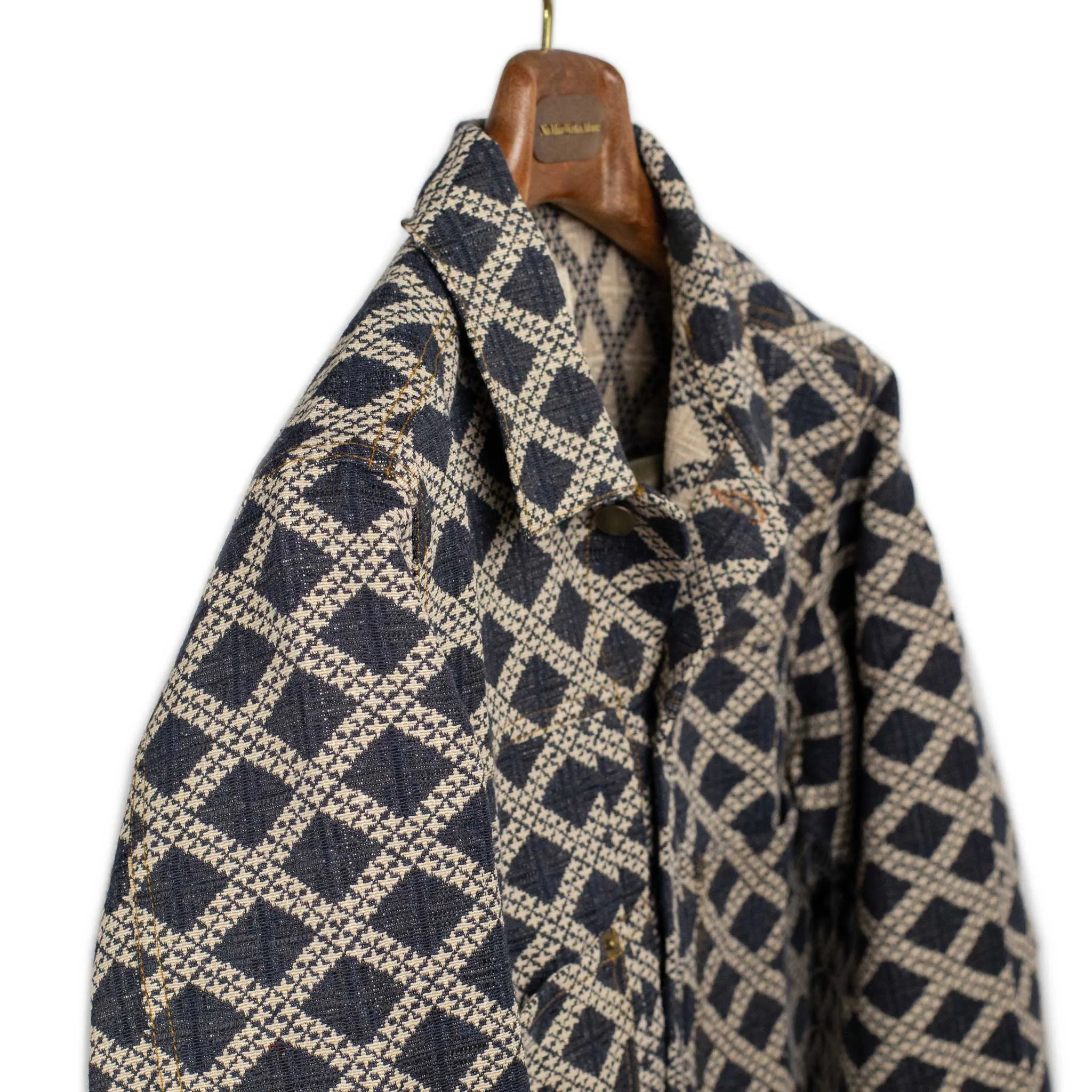 Marvin type two jacket in denim blue and ecru diamond jacquard