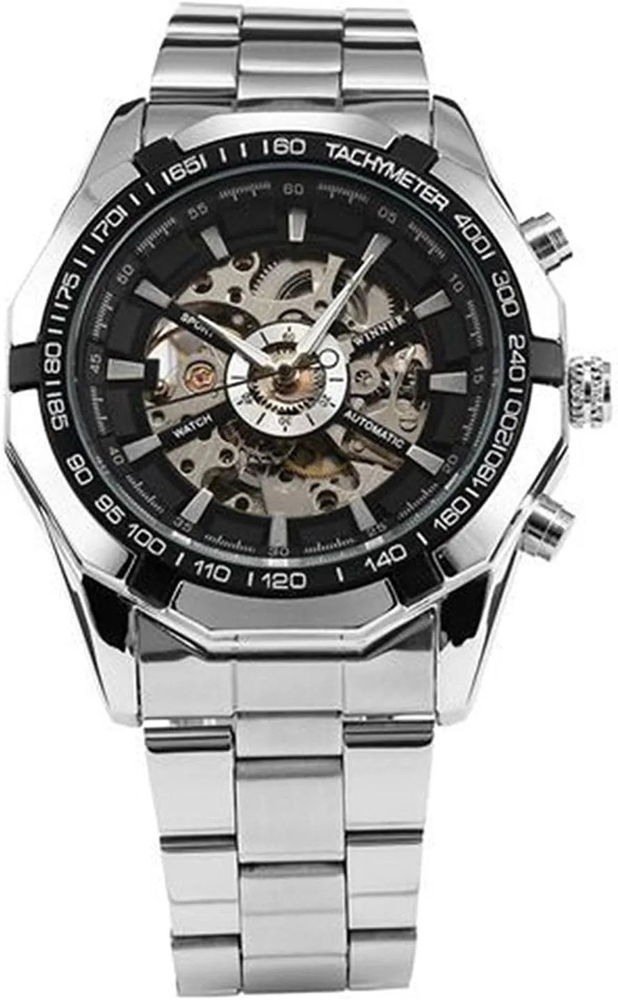 MASTOP Big Dial Luxury Mens Watches Skeleton Waterproof Luminous Automatic Watch Silver