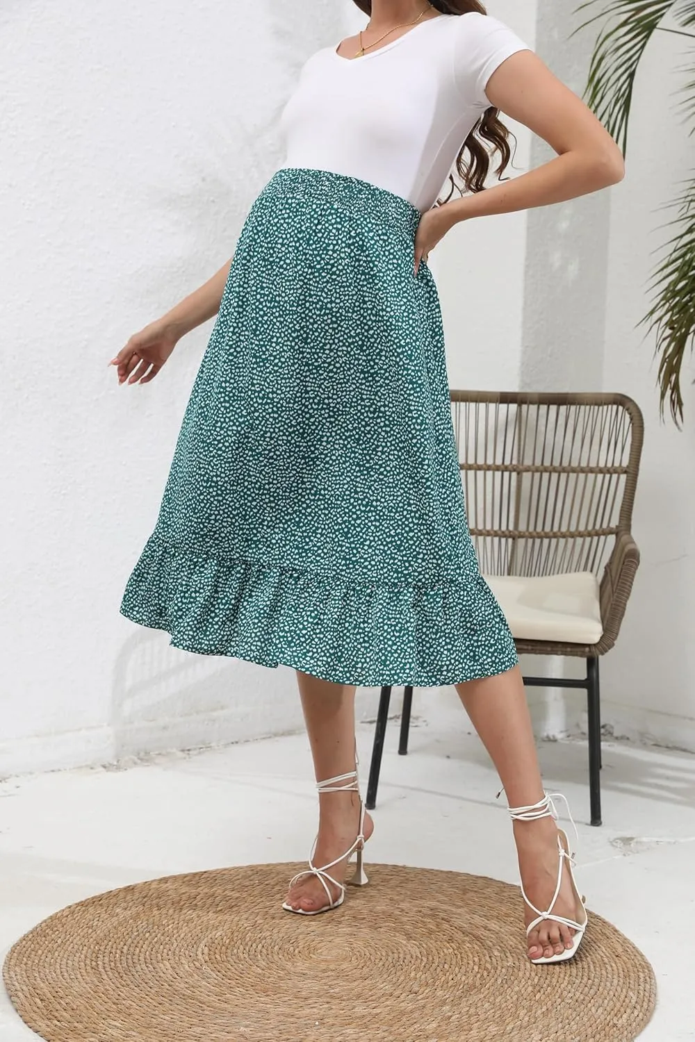 Maternity Skirt Women's High Waist Maternity Skirts Ruffled Tiered Casual A Line Swing Boho Skirts for Women