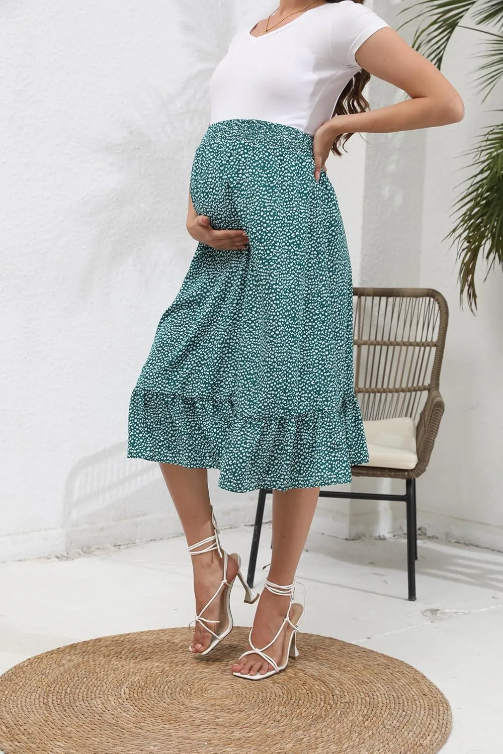 Maternity Skirt Women's High Waist Maternity Skirts Ruffled Tiered Casual A Line Swing Boho Skirts for Women