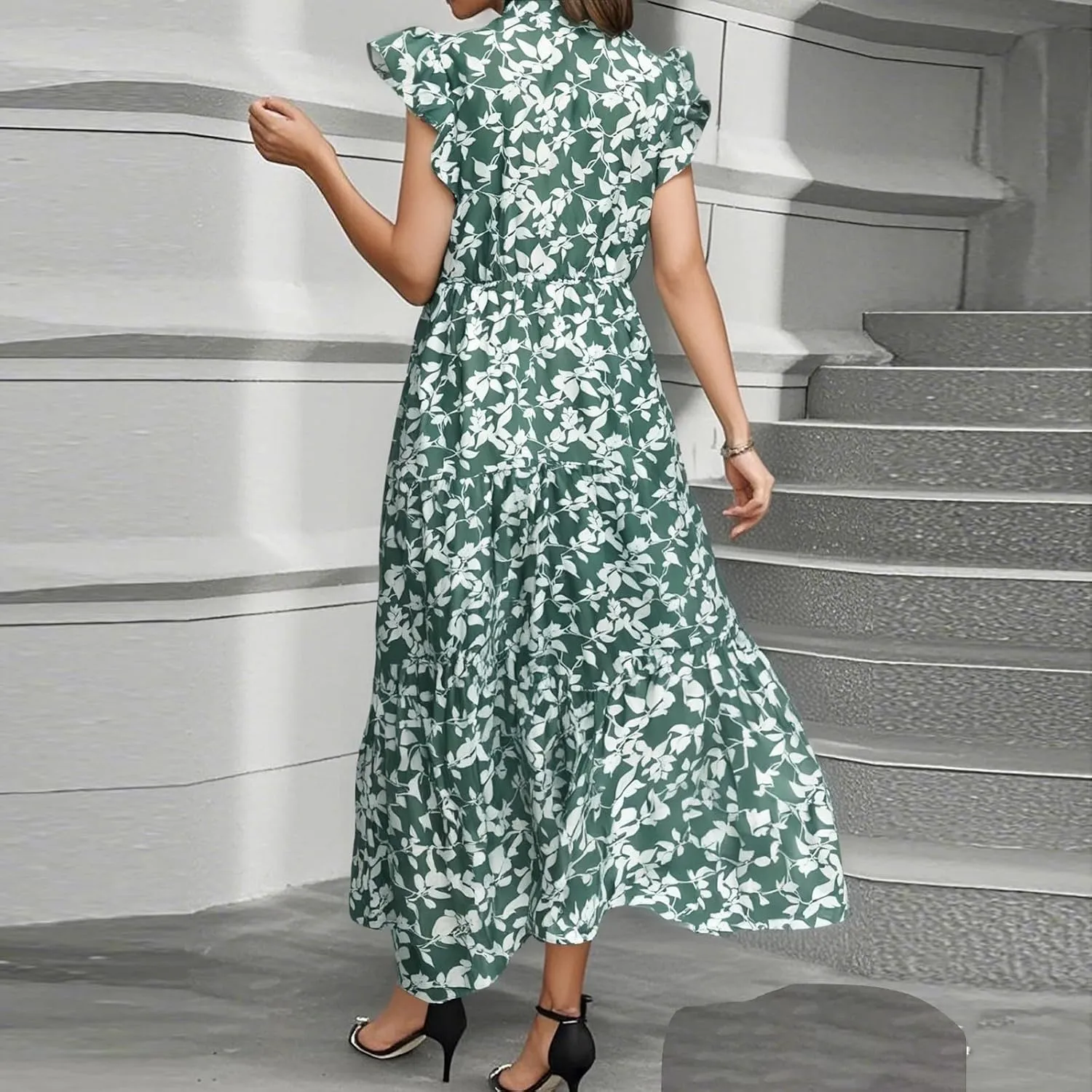 Maxi Dresses for Women 2025 Summer Fluttle Sleeve Floral Maxi Dress Flowy V Neck Tiered Ruffle Beach Boho Sundress