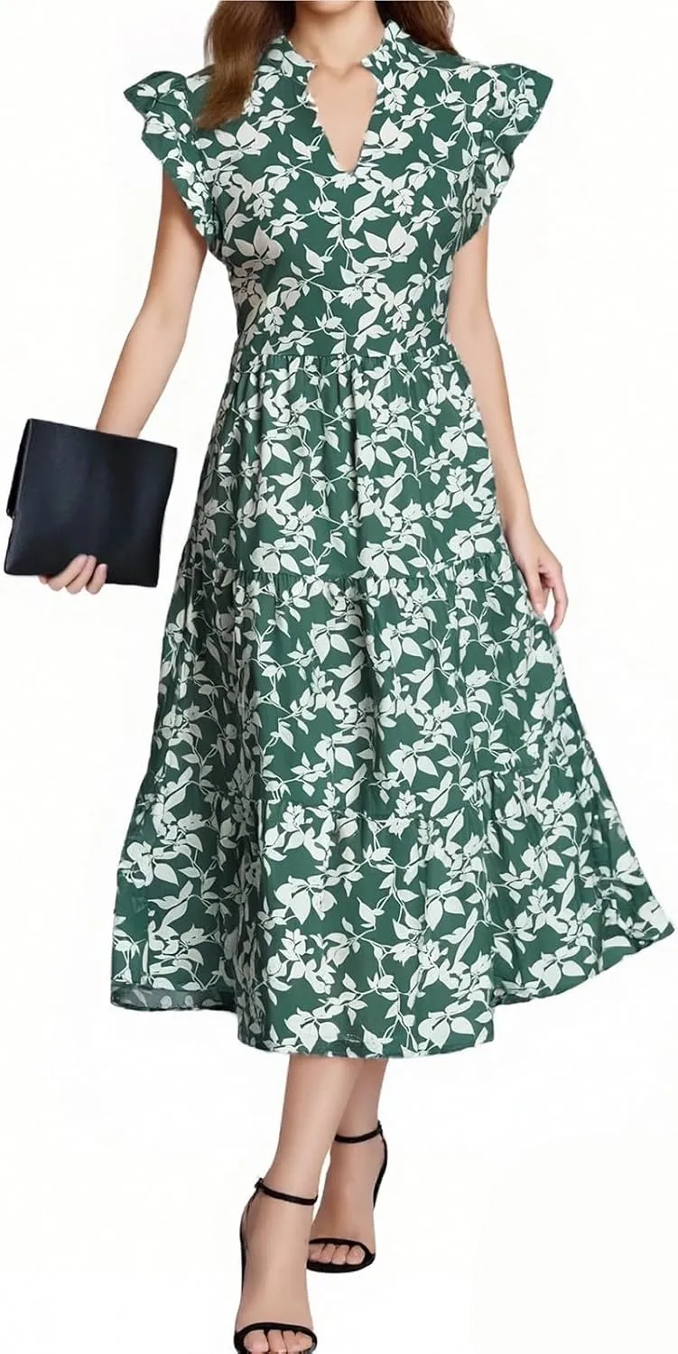 Maxi Dresses for Women 2025 Summer Fluttle Sleeve Floral Maxi Dress Flowy V Neck Tiered Ruffle Beach Boho Sundress