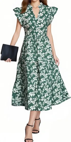 Maxi Dresses for Women 2025 Summer Fluttle Sleeve Floral Maxi Dress Flowy V Neck Tiered Ruffle Beach Boho Sundress