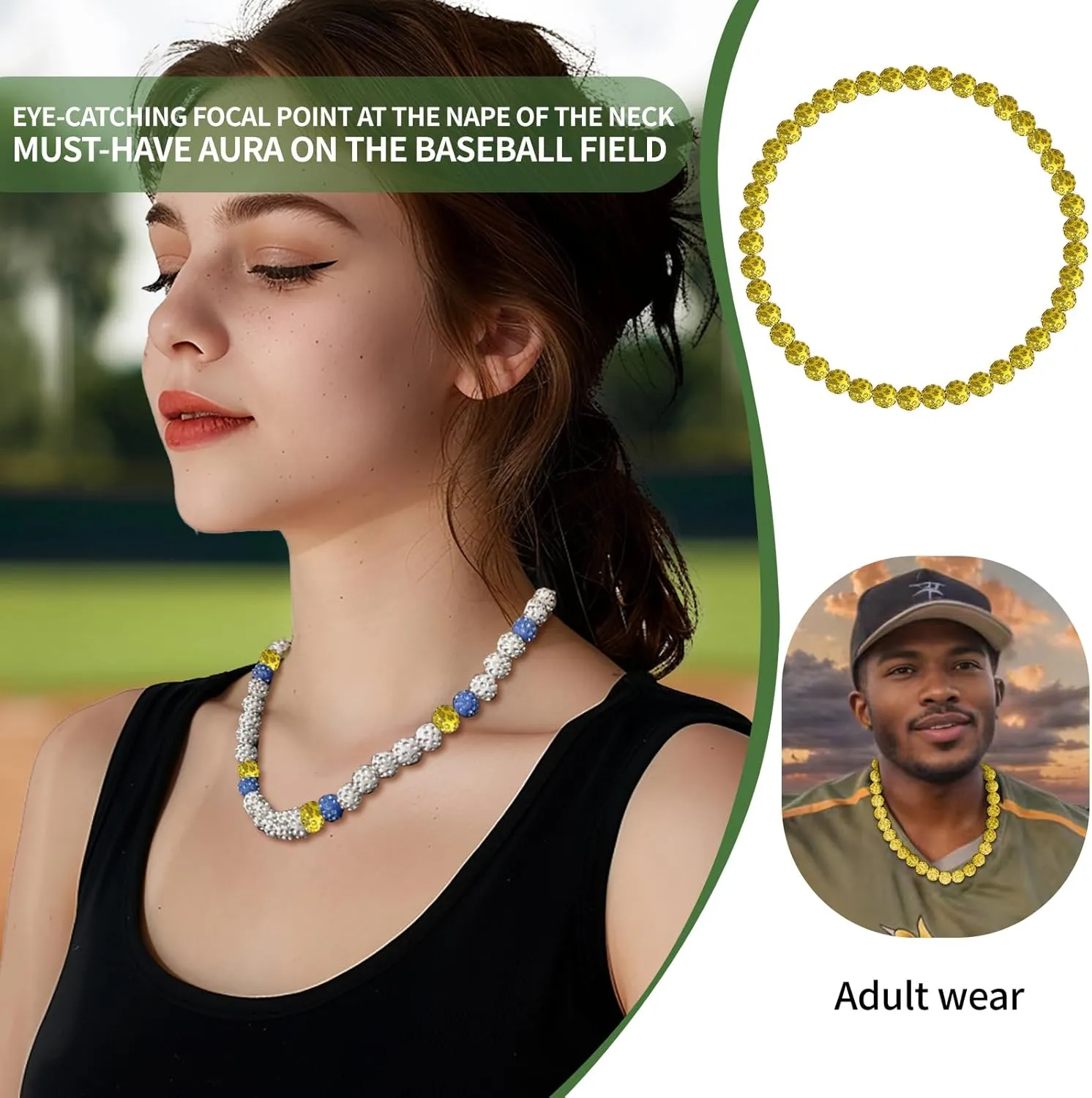 Men's Beaded Baseball Necklace, Bling Ice Collection, 16-20 Inches, Ideal for Baseball Teams and Enthusiasts
