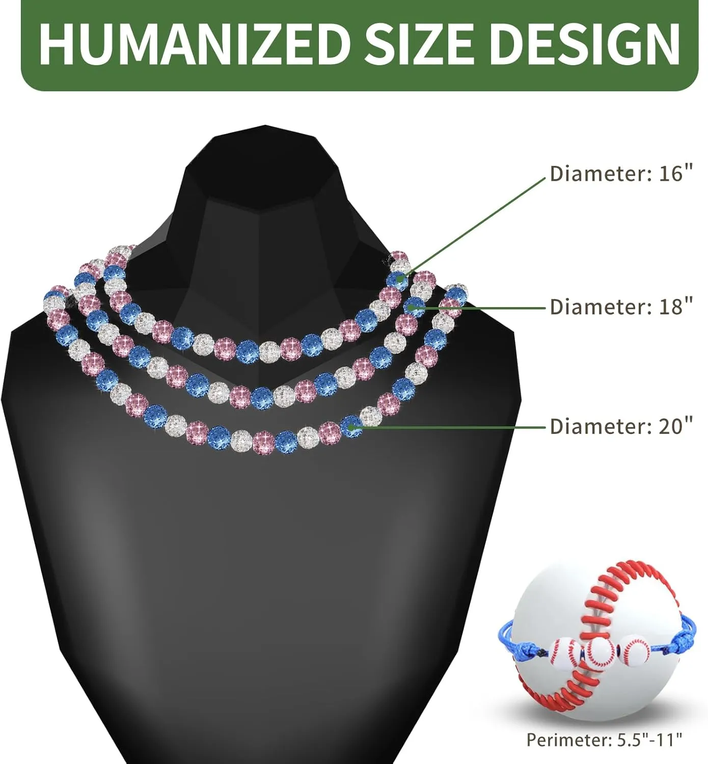 Men's Beaded Baseball Necklace, Bling Ice Collection, 16-20 Inches, Ideal for Baseball Teams and Enthusiasts