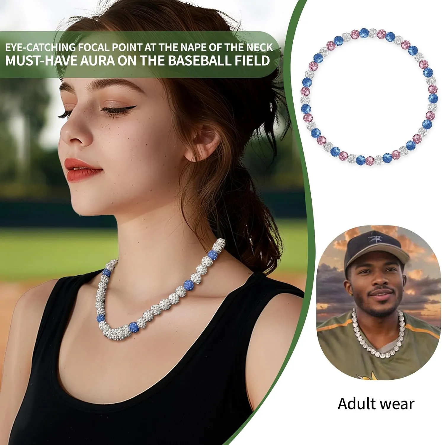 Men's Beaded Baseball Necklace, Bling Ice Collection, 16-20 Inches, Ideal for Baseball Teams and Enthusiasts