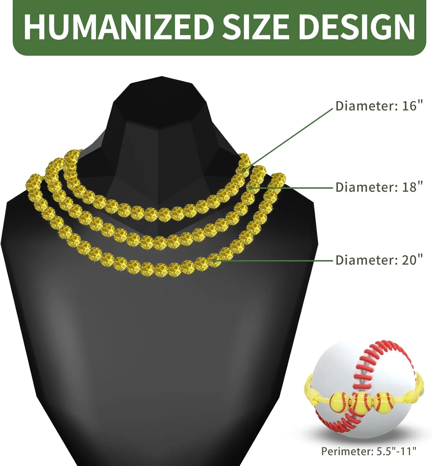 Men's Beaded Baseball Necklace, Bling Ice Collection, 16-20 Inches, Ideal for Baseball Teams and Enthusiasts