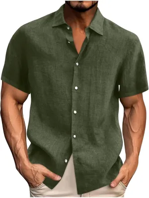 Mens Casual Breathable Short Sleeve Tops Cotton Linen Button Down Lapel Shirts Summer Fashion Solid Lightweight Shirt