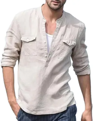 Men's Casual Long Sleeve Cotton Linen Shirts Tops Solid Men Breathable Slim Fit Tops Shirts