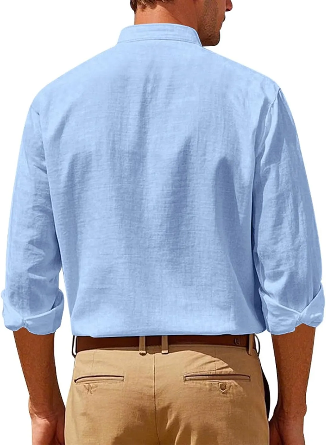 Mens Cotton Linen Shirt Long Sleeve Collarless Casual Button Down Shirt Lightweight Breathable Beach Tops