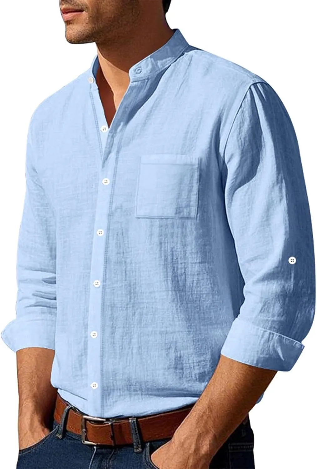 Mens Cotton Linen Shirt Long Sleeve Collarless Casual Button Down Shirt Lightweight Breathable Beach Tops