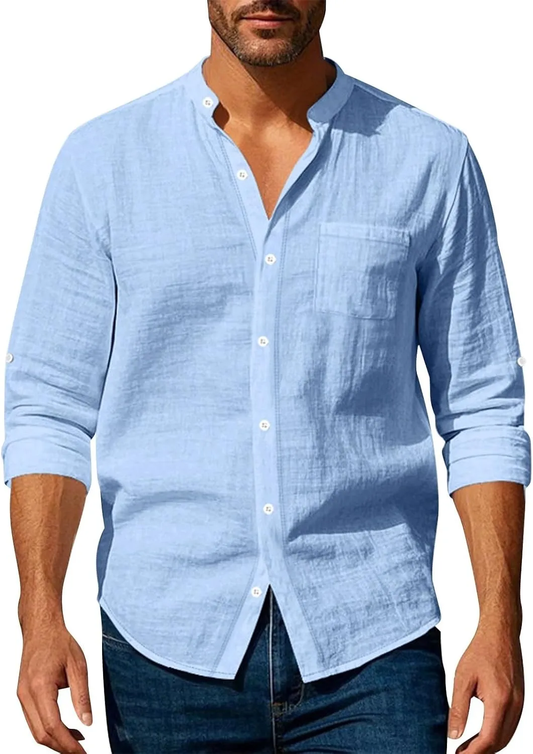 Mens Cotton Linen Shirt Long Sleeve Collarless Casual Button Down Shirt Lightweight Breathable Beach Tops
