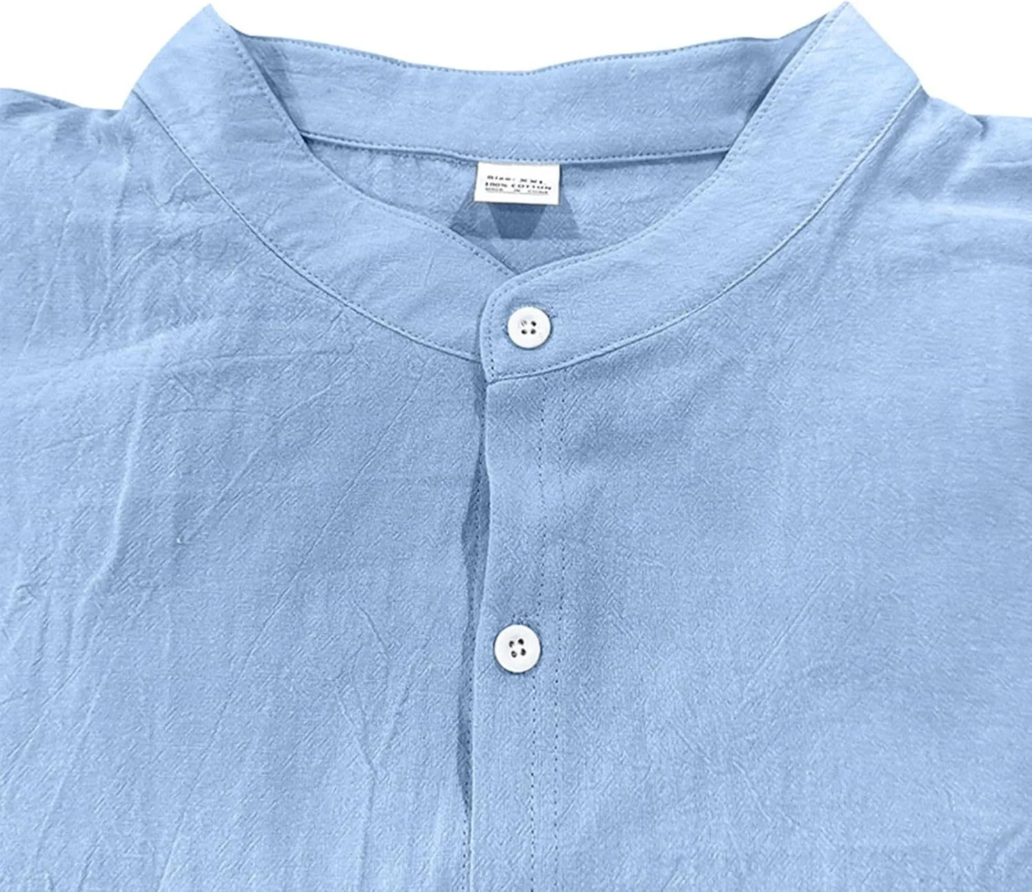 Mens Cotton Linen Shirt Long Sleeve Collarless Casual Button Down Shirt Lightweight Breathable Beach Tops