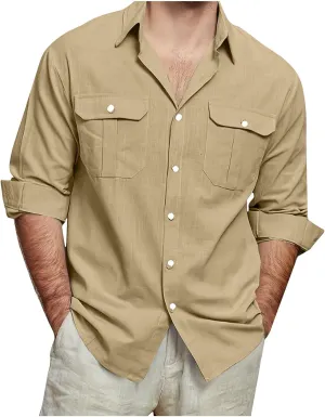 Mens Cotton Linen Shirts Casual Long Sleeve Button Down Shirt Beach Vacation Lightweight Breathable Blouses