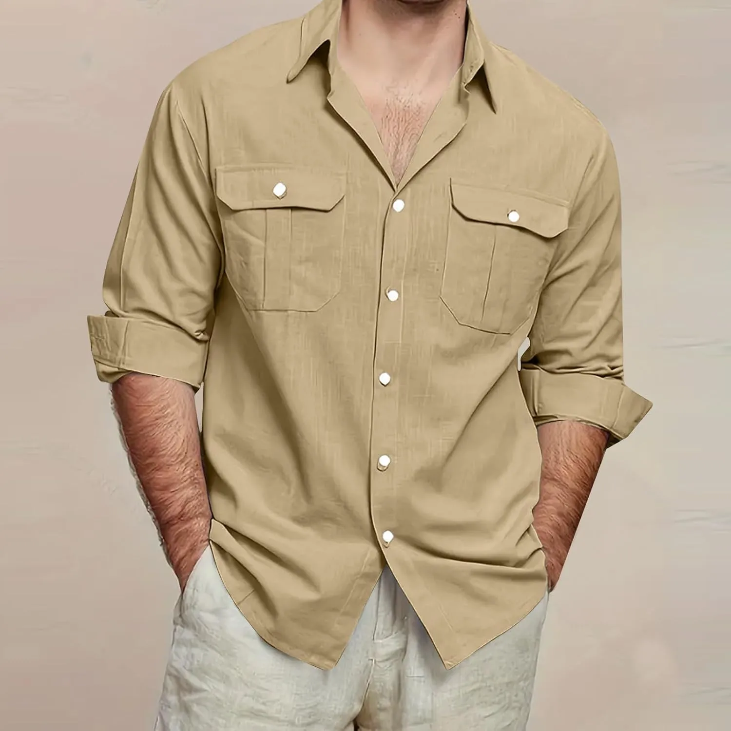 Mens Cotton Linen Shirts Casual Long Sleeve Button Down Shirt Beach Vacation Lightweight Breathable Blouses
