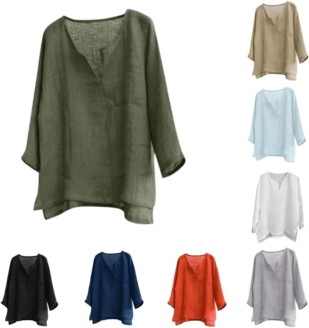 Mens Cotton Linen V Neck Shirts 3/4 Sleeve Casual Baggy Breathable Tunic Tees Hawaiian Beach Yoga Solid Blouse Tops