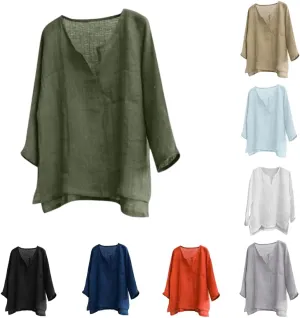 Mens Cotton Linen V Neck Shirts 3/4 Sleeve Casual Baggy Breathable Tunic Tees Hawaiian Beach Yoga Solid Blouse Tops