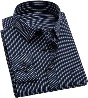 Men's Formal Dress Shirt - Long Sleeve Office Shirt with Pockets, Striped Anti-Wrinkle Business Blouse