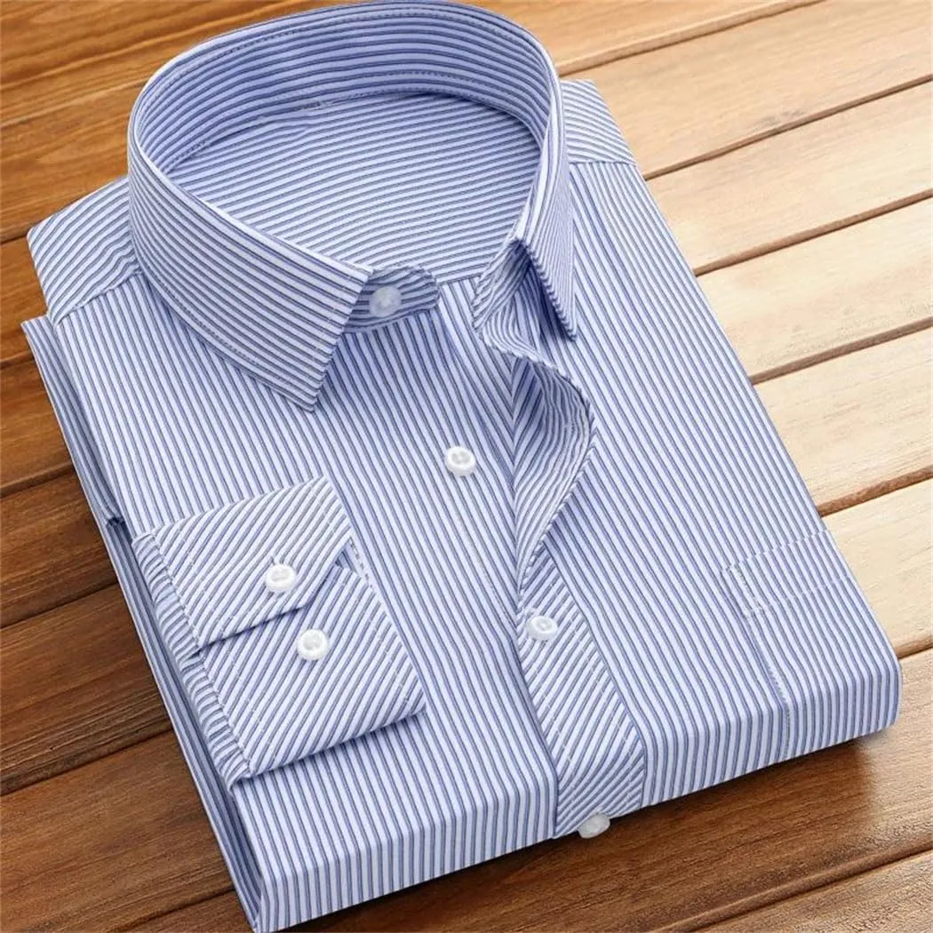 Men's Formal Dress Shirt - Long Sleeve Office Shirt with Pockets, Striped Anti-Wrinkle Business Blouse