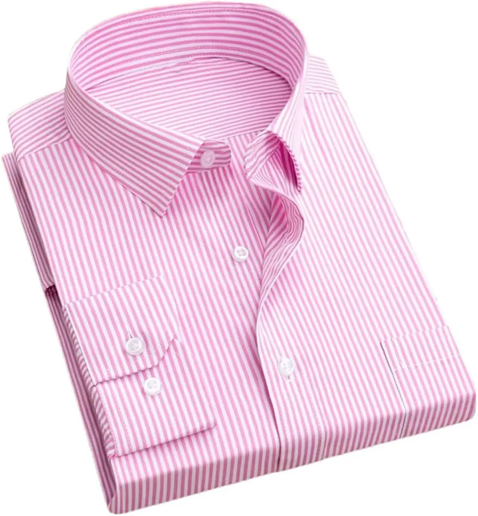 Men's Formal Dress Shirt - Long Sleeve Office Shirt with Pockets, Striped Anti-Wrinkle Business Blouse