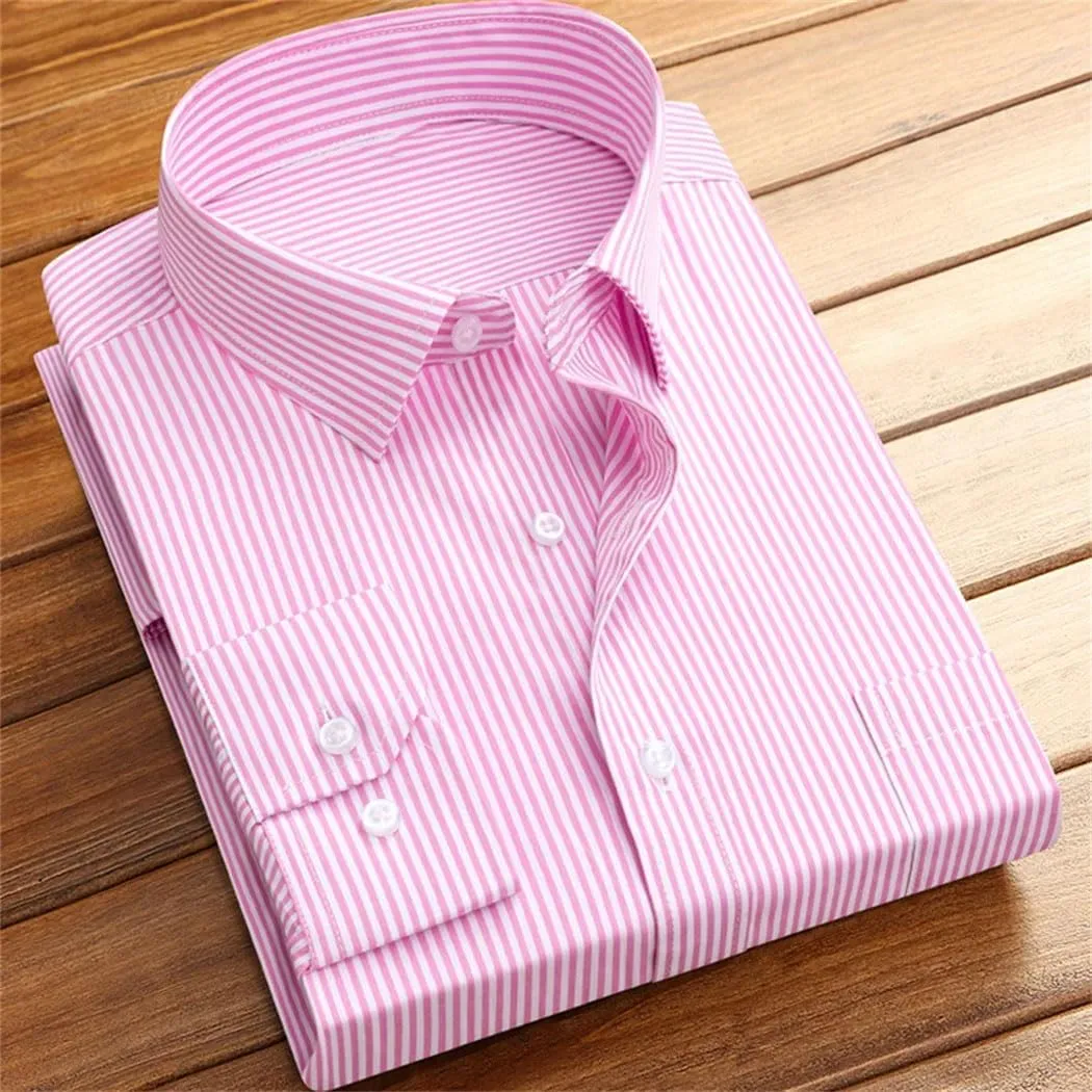 Men's Formal Dress Shirt - Long Sleeve Office Shirt with Pockets, Striped Anti-Wrinkle Business Blouse