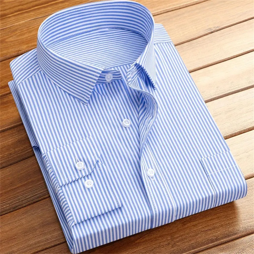 Men's Formal Dress Shirt - Long Sleeve Office Shirt with Pockets, Striped Anti-Wrinkle Business Blouse