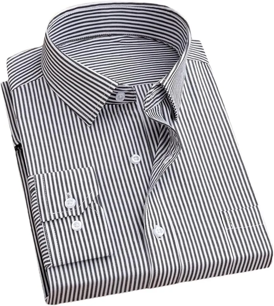 Men's Formal Dress Shirt - Long Sleeve Office Shirt with Pockets, Striped Anti-Wrinkle Business Blouse