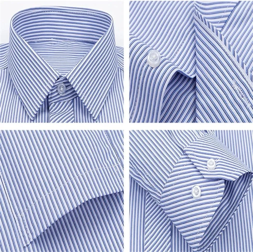 Men's Formal Dress Shirt - Long Sleeve Office Shirt with Pockets, Striped Anti-Wrinkle Business Blouse