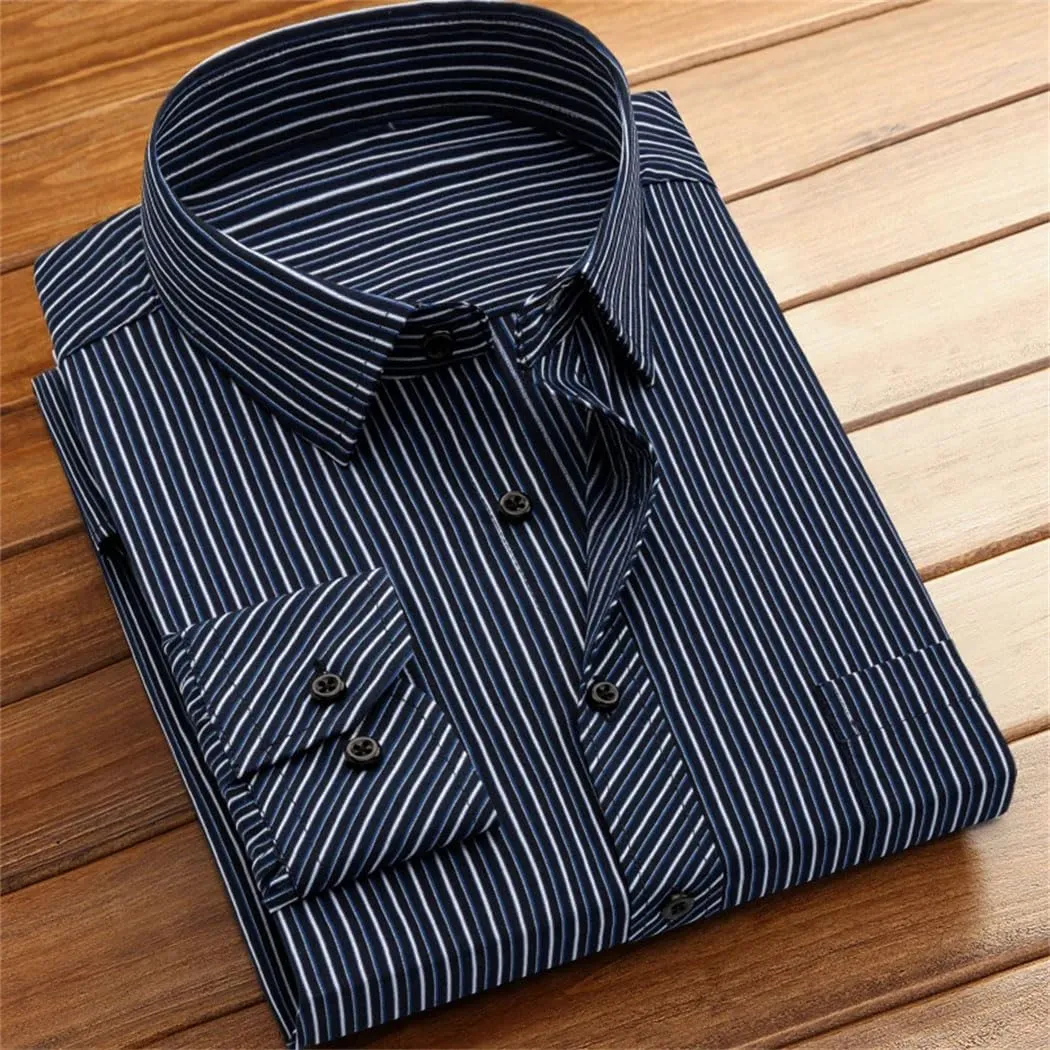 Men's Formal Dress Shirt - Long Sleeve Office Shirt with Pockets, Striped Anti-Wrinkle Business Blouse