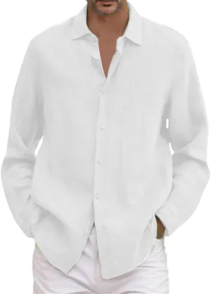 Mens Linen Button Down Shirt Beach Summer Shirts Casual Untucked Shirt Vacation Wedding Shirts with Pocket