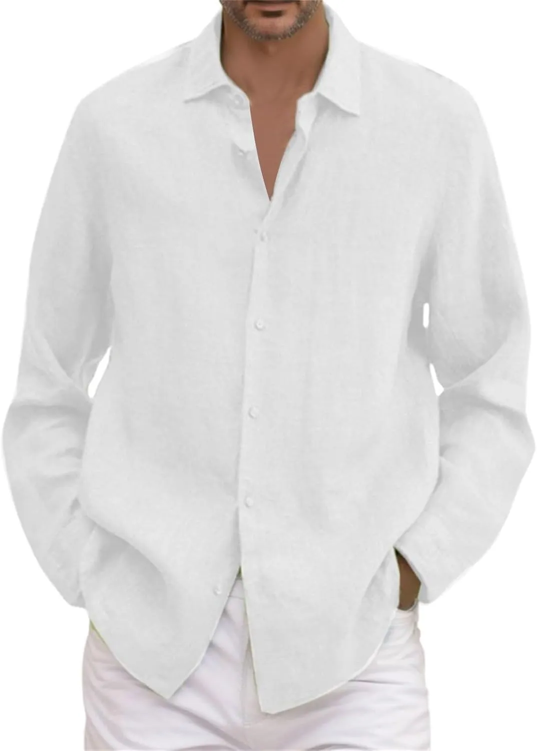 Mens Linen Button Down Shirt Beach Summer Shirts Casual Untucked Shirt Vacation Wedding Shirts with Pocket