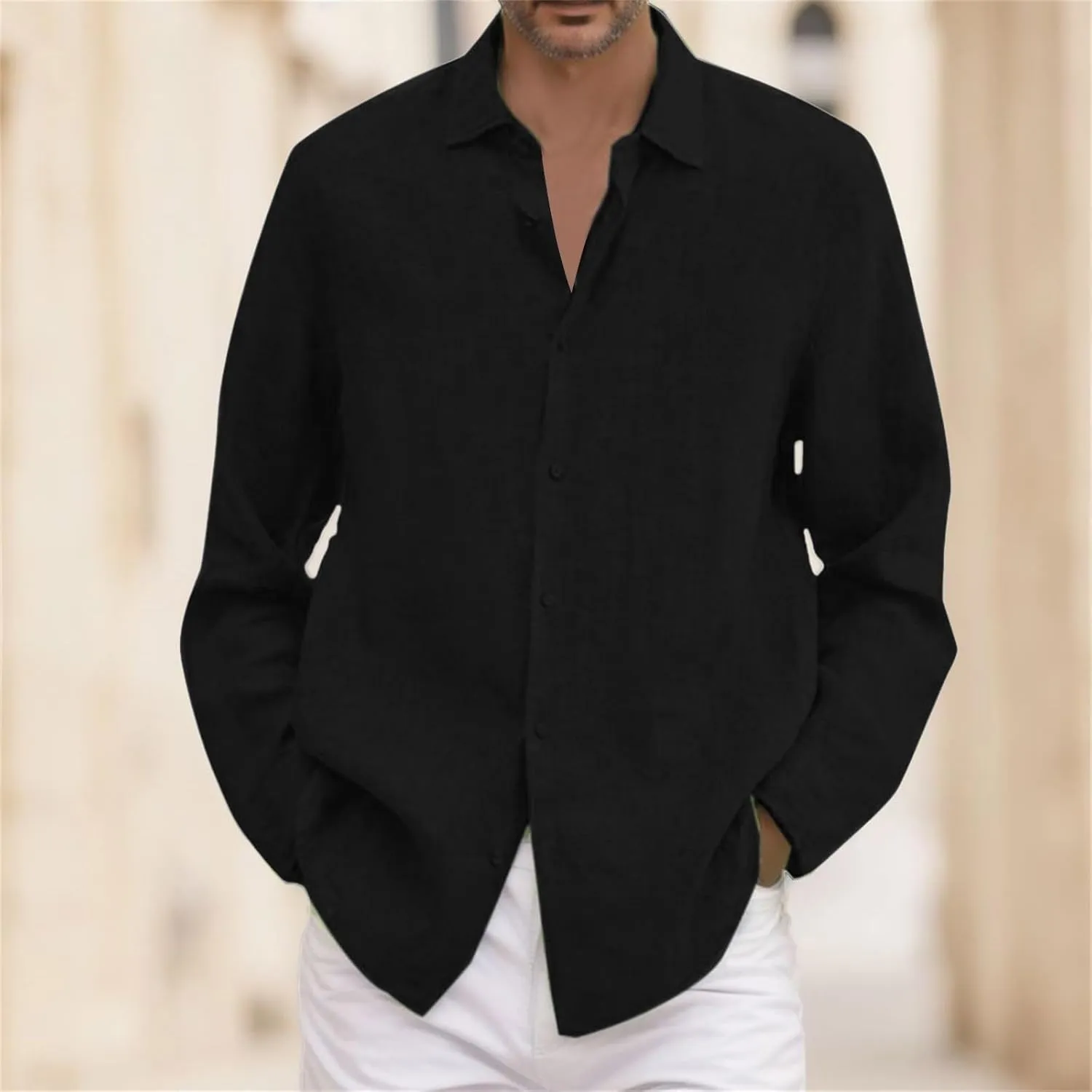 Mens Linen Button Down Shirt Beach Summer Shirts Casual Untucked Shirt Vacation Wedding Shirts with Pocket