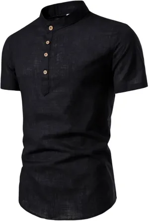 Mens Linen Henley Shirts Short Sleeve Banded Collar Tshirts Casual Button Up Tops Big Tall Summer Beach Clothes