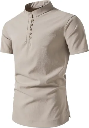 Mens Linen Henley Shirts Short Sleeve Banded Collar Tshirts Casual Button Up Tops Big Tall Summer Beach Clothes