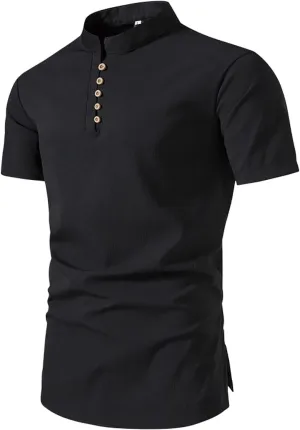 Mens Linen Henley Shirts Short Sleeve Banded Collar Tshirts Casual Button Up Tops Big Tall Summer Beach Clothes