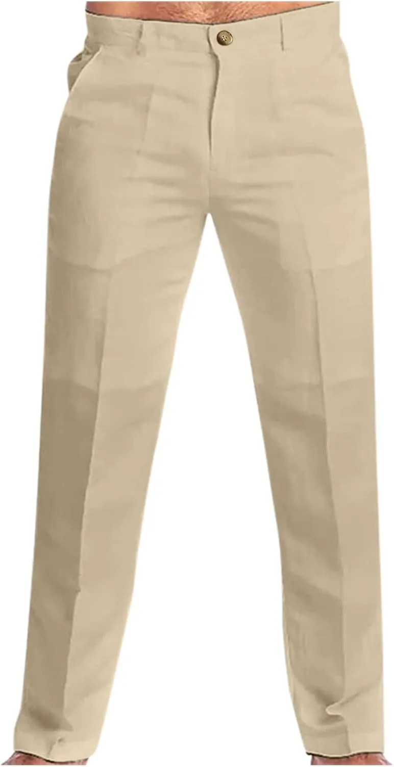 Men's Linen Pants, Casual Dress Lightweight Beach Summer Pants, Solid Color Loose Fit Elastic Waist Travel Trousers