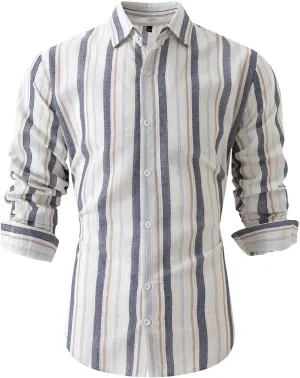 Mens Linen Shirts Button Down Striped Shirts Casual Long Sleeve Linen Shirts for Men Collared Fashion Business Shirt