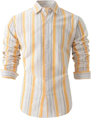 Mens Linen Shirts Button Down Striped Shirts Casual Long Sleeve Linen Shirts for Men Collared Fashion Business Shirt