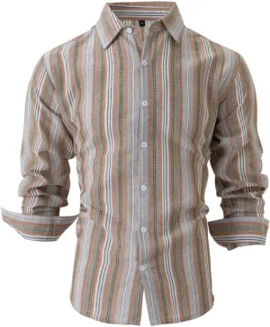 Mens Linen Shirts Button Down Striped Shirts Casual Long Sleeve Linen Shirts for Men Collared Fashion Business Shirt