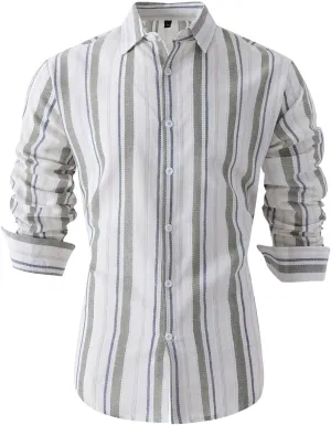 Mens Linen Shirts Button Down Striped Shirts Casual Long Sleeve Linen Shirts for Men Collared Fashion Business Shirt