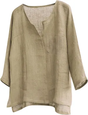 Mens Linen Shirts Long Sleeve Loose Casual V Neck Tshirts Summer Vacation Beach Tops Lightweight Breathable Clothes