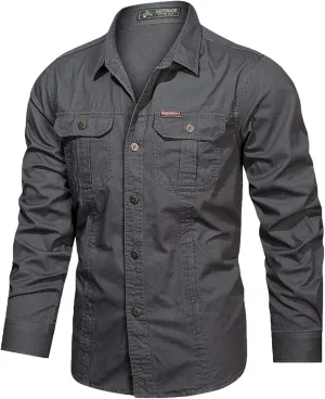 Men's Long Sleeve Work Shirts Ripstop Military Tactical Shirts Outdoor Breathable Button Down Hiking Shirt Tops