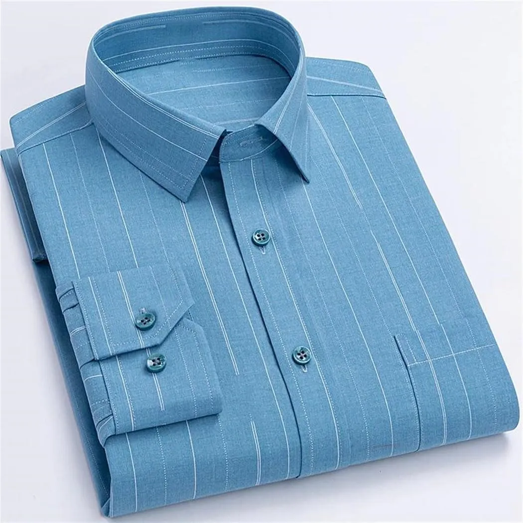Men's Long Sleeve Wrinkle-Resistant Stripe Shirts Business Office Dress Shirt Casual Button Down Blouse