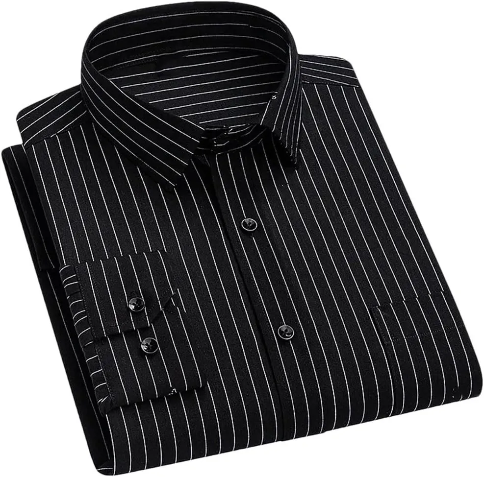 Men's Long Sleeve Wrinkle-Resistant Stripe Shirts Business Office Dress Shirt Casual Button Down Blouse