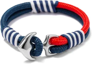 Men's Nautical Anchor Cuff Bracelet, Handmade Black & Blue Stainless Steel Rope Wristband with Lobster Claw Clasp