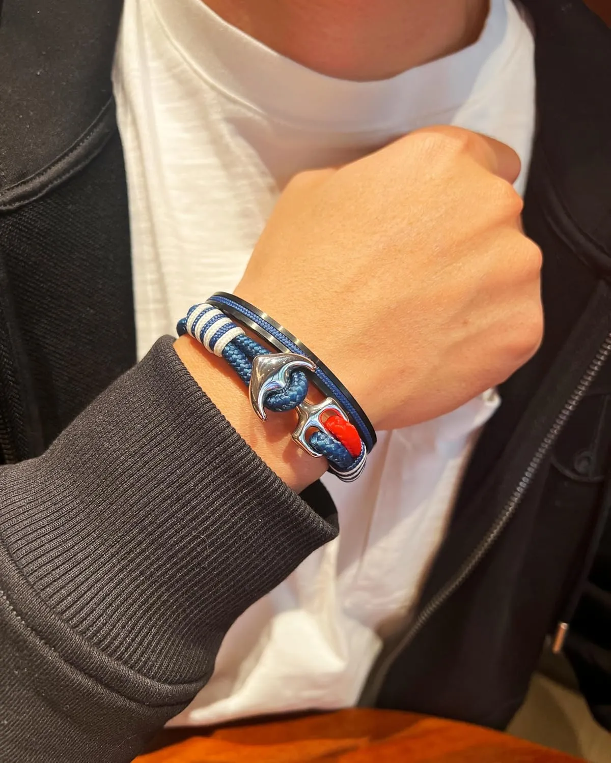 Men's Nautical Anchor Cuff Bracelet, Handmade Black & Blue Stainless Steel Rope Wristband with Lobster Claw Clasp